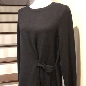 TALBOTS Black Long Sleeve Flat Knit Sweater Dress With Side Belt Sz Large